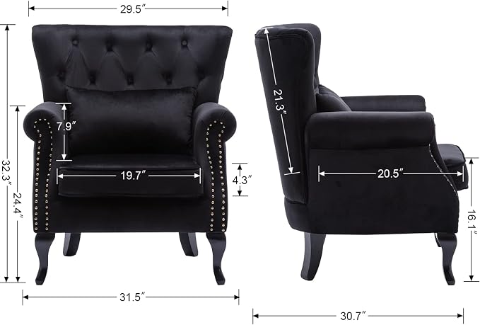 Set of 2 Mid-Century Modern Accent Chair, Velvet Armchair w/Tufted Back/Wood - Image 3