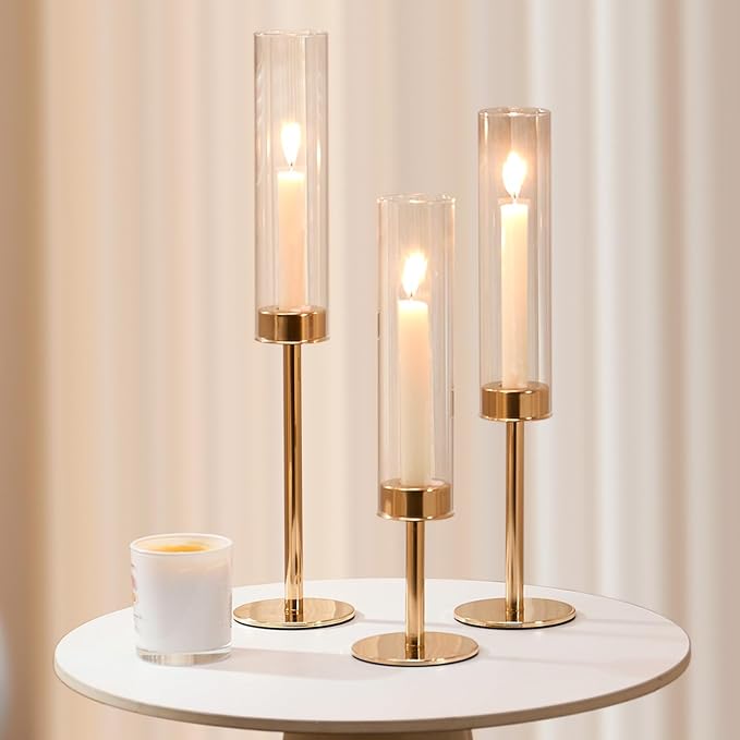 Gold Hurricane Candle Holders Set of 3, Tall Metal & Windproof Glass Taper - Image 7