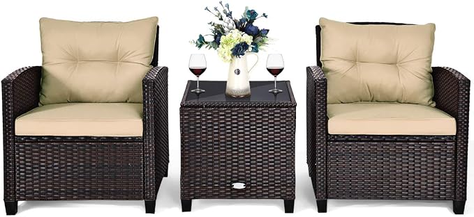 COSTWAY 3PCS Patio Furniture Set, PE Rattan Wicker Sofa w/Washable Cushion and - Image 8