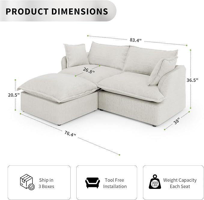 2 Seat with Ottoman L Shape Modular Sectional Couch Sofa - Image 2