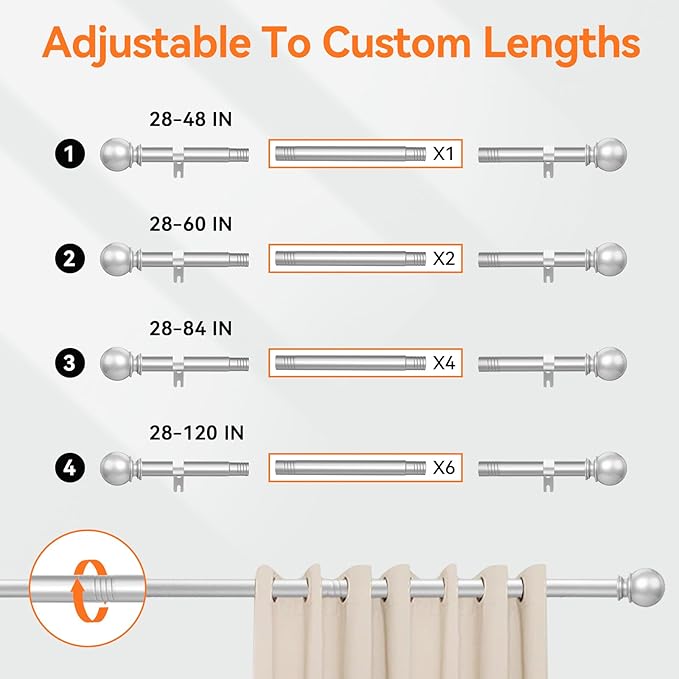 Silver Curtain Rods for Windows 48 to 84 or 88 Inches Max - Image 4