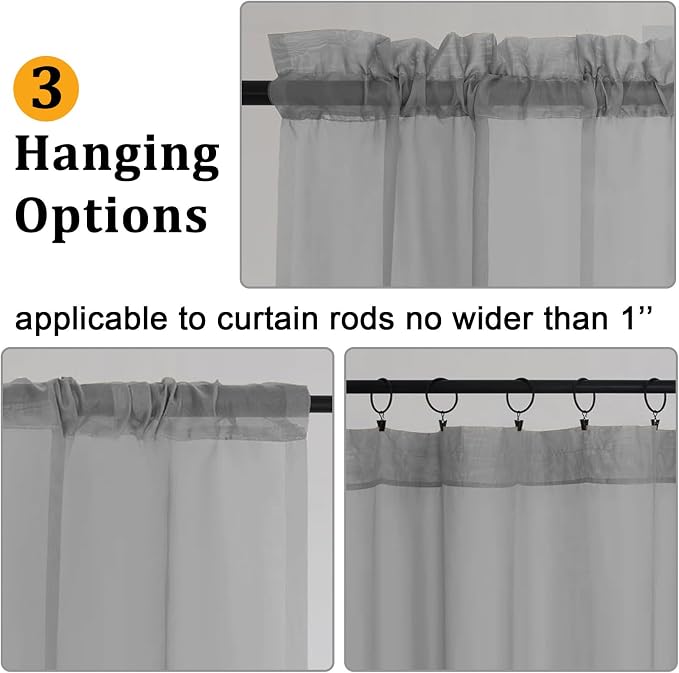 Gwine Charcoal Grey Sheer Curtains 108 Inches Long 2 Panels Set, Voile Light - Image 4