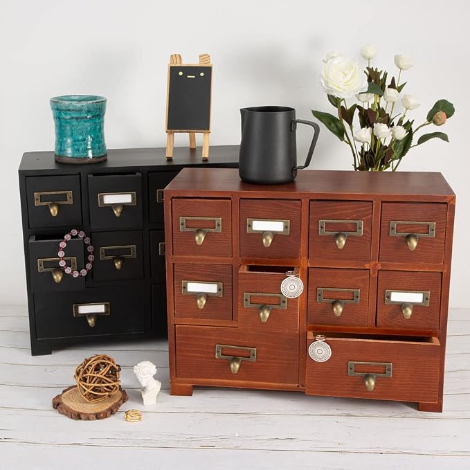 Apothecary Cabinet with 10 Drawers & Labels Rustic Library Card Catalog Cabinet - Image 7