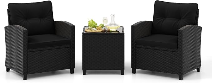 Tangkula 3 Piece Patio Furniture Set, Rattan Conversation Set w/Soft Seat & by TANGKULA