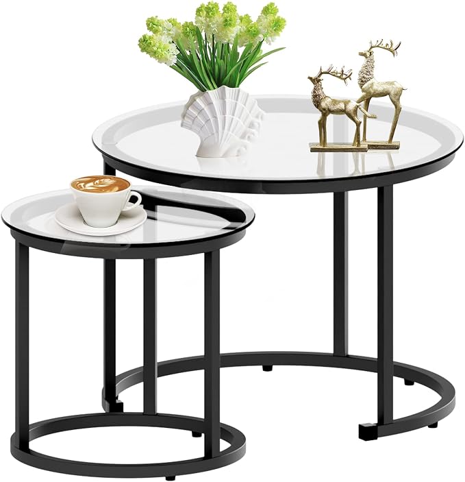 aboxoo Black Nesting Coffee Glass Table Set of 2, Metal Freme Side End Tables by aboxoo