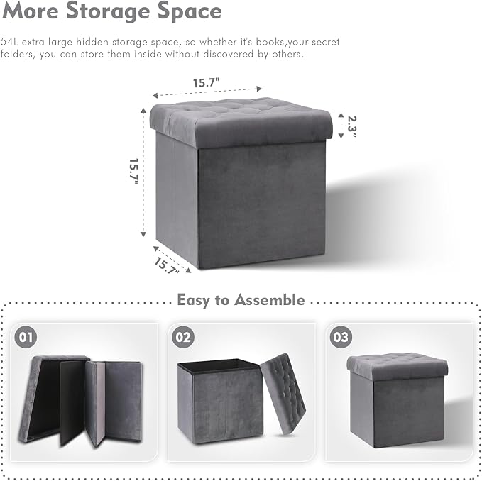 B FSOBEIIALEO Storage Ottoman Cube, Velvet Tufted Folding Ottomans - Image 3