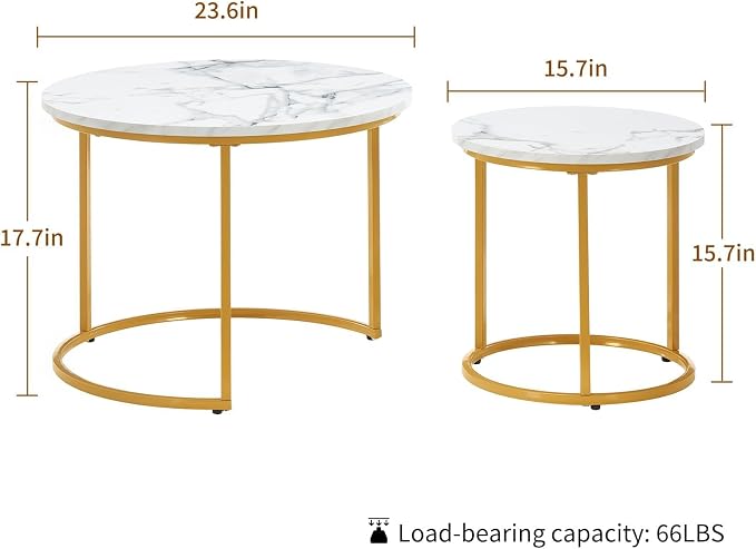 Round Nesting Coffee Table Set of 2, Modern Marble Pattern Wooden Nesting Tables - Image 2