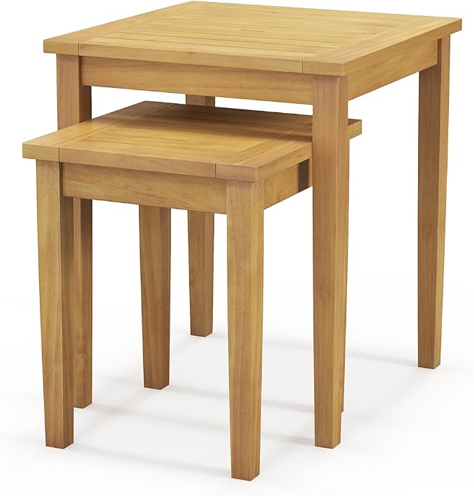 Tangkula 2 Pieces Patio Nesting Table, Teak Wood Outdoor Space Saving Design by TANGKULA