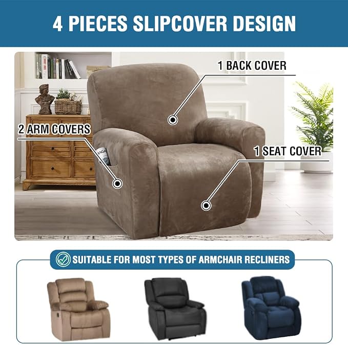 H.VERSAILTEX Velvet Stretch Recliner Couch Covers 4-Pieces Style Recliner Chair - Image 2