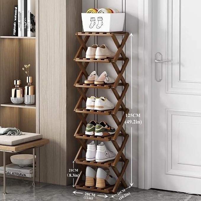 Foldable Shoe Rack, Bamboo Vertical Shoe Organizer Tall - Image 2