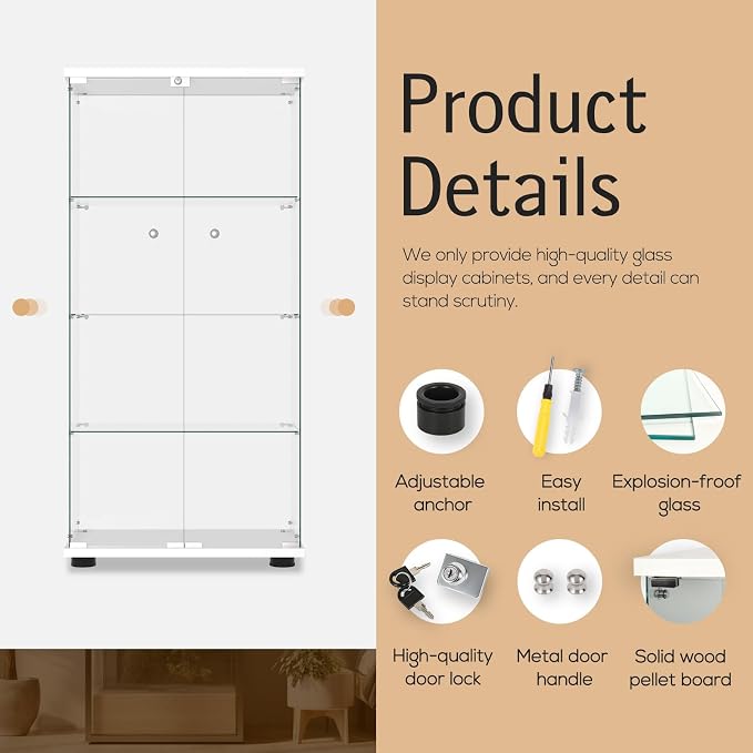 Display Cabinet with Glass Door and Lock, 4-Shelf Fast Installation in 30 Mins - Image 4