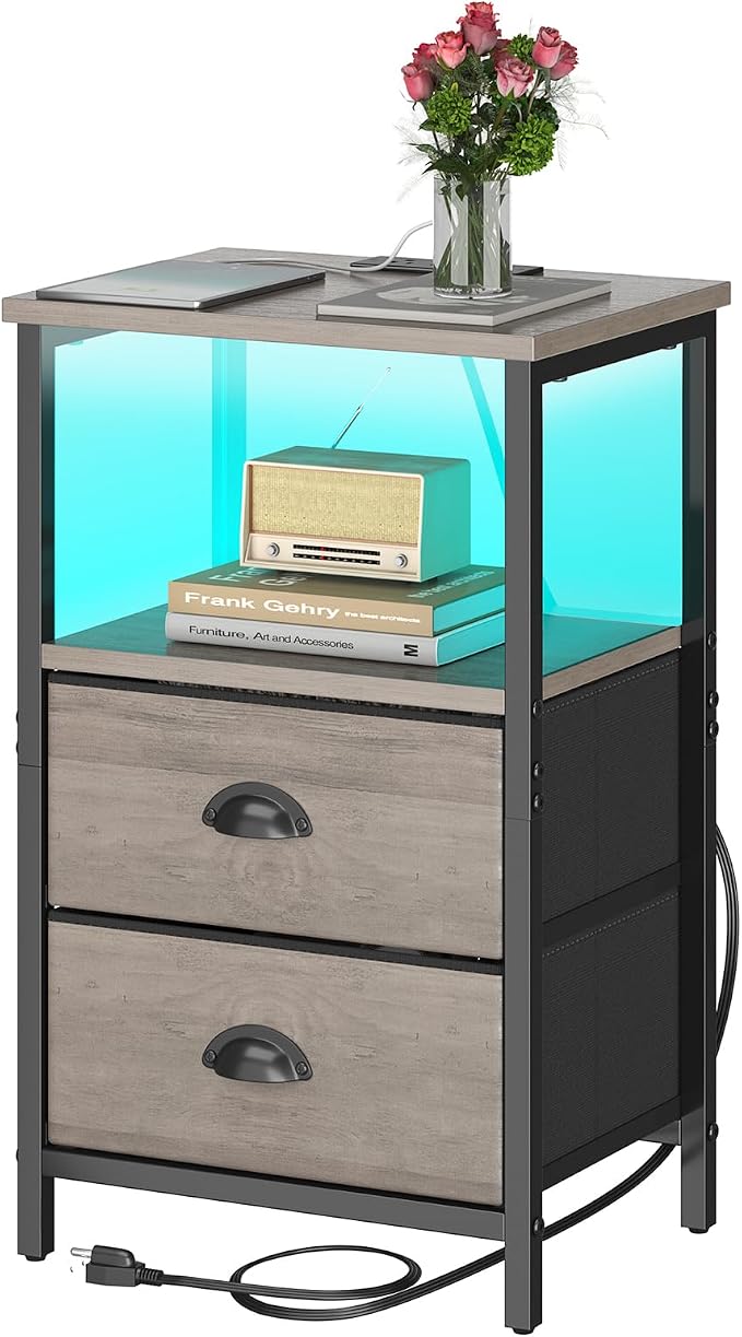 sthmec Nightstand with Charging Station, LED Night Stand with 2 Fabric Drawers by Unknown