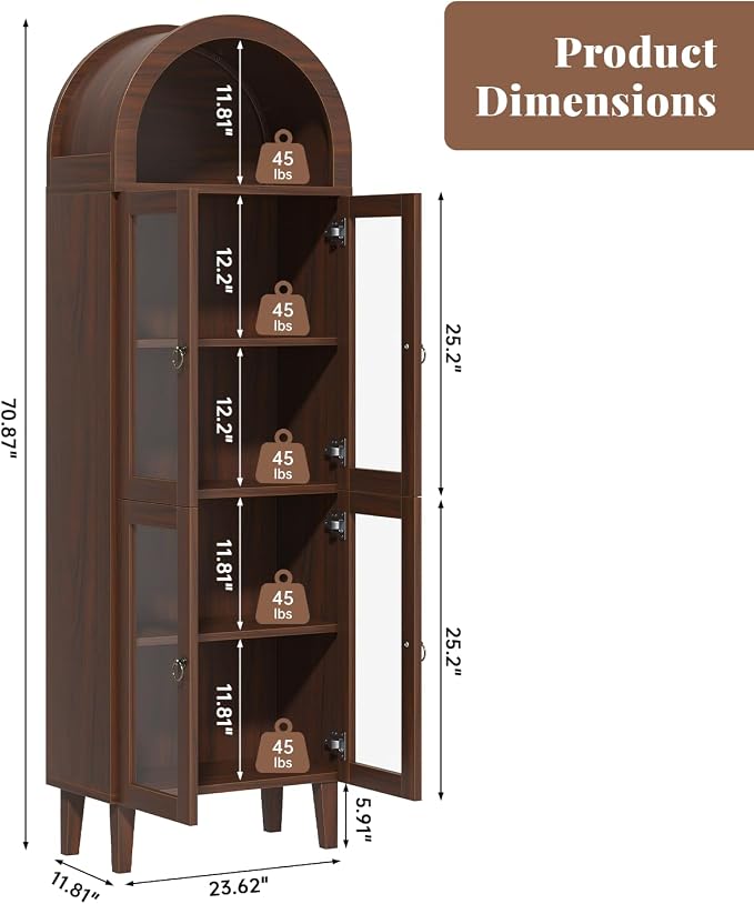 71" Tall Arched Cabinet with Acrylic Door, Modern Curio Arched Bookcase with - Image 2