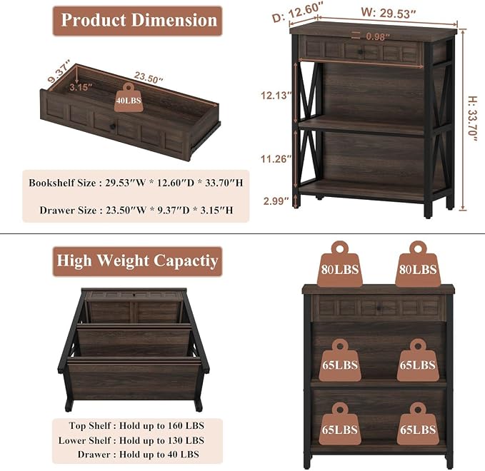 FATORRI Small Bookcase with Drawer, Industrial 3 Shelf Bookshelf, Wood and - Image 2