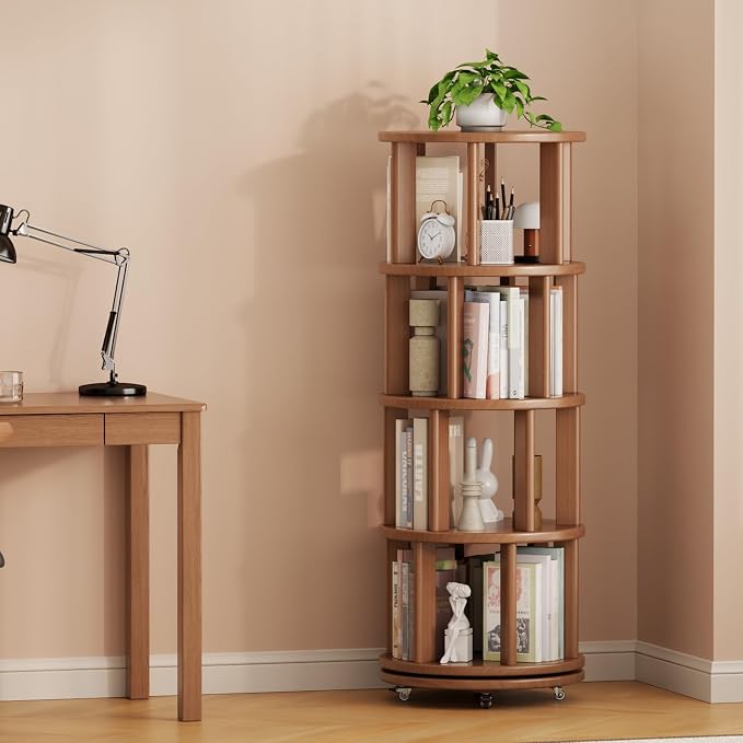 Muwuele Solid Wood Rotating Bookshelf on Wheels, 4 Tier, Round Revolving - Image 9