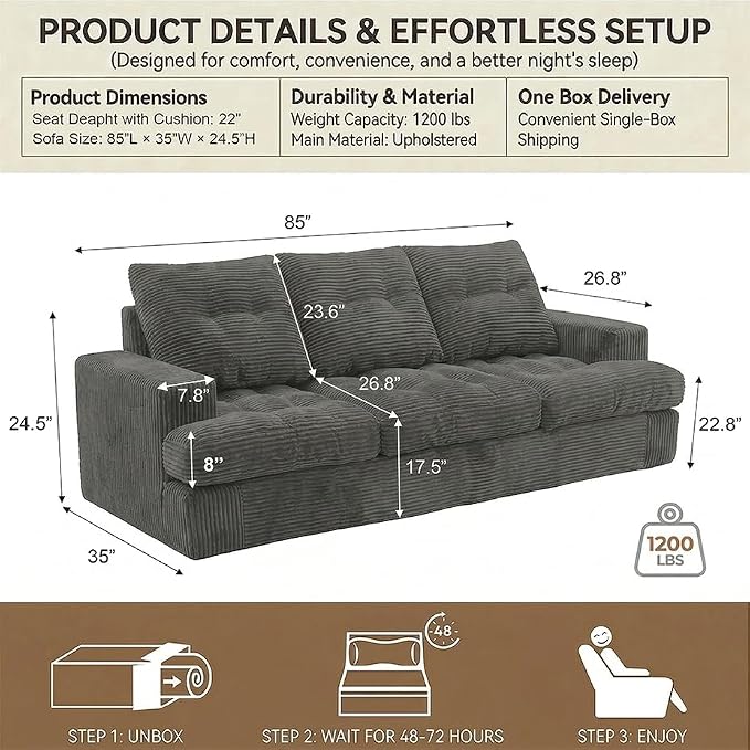 85" Corduroy 3 Seater Sofa in a Box, High-Density Foam Couch, No Assembly - Image 2
