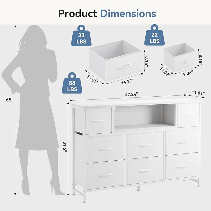 DUMOS TV Stand Dresser with 8 Fabric Drawers and Open Shelves, LED - Image 3