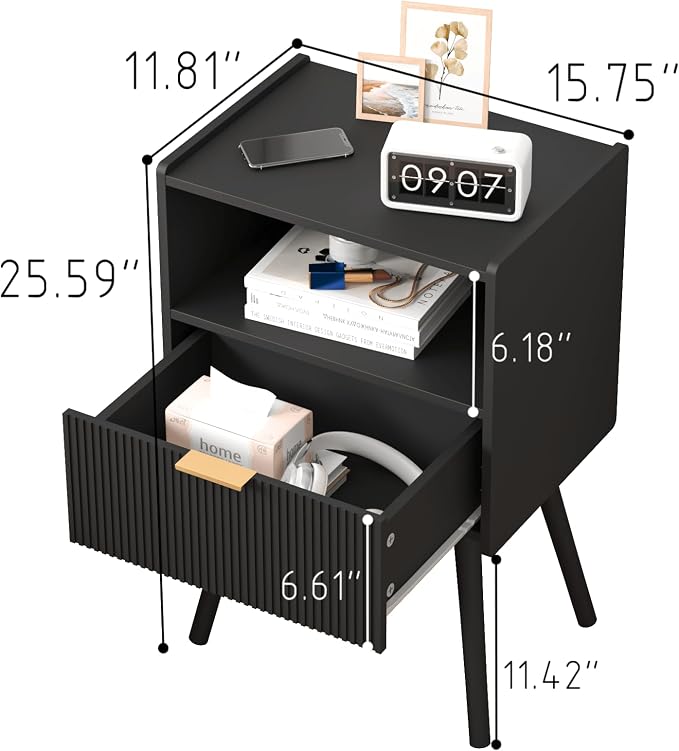 JOONEE Black Nightstand, Modern Bedside Table - Image 2