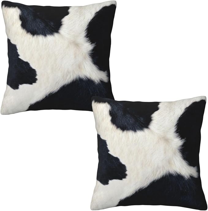Western Cow Print Black and White Pillow Covers 20x20 Set of 2, Cowfur Print by Tebjh