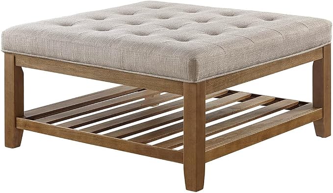 24KF Large Square Upholstered Tufted Linen Ottoman Coffee Table, Large Footrest - Image 4