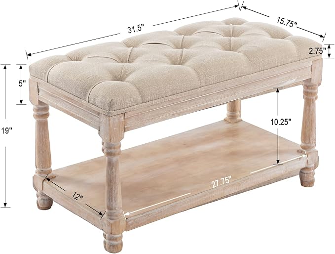 Farmhouse Storage Bench Wooden Entryway Linen Upholstered Ottoman Button Tufted - Image 2