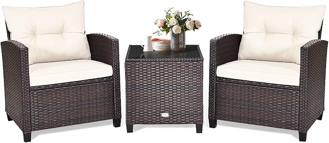 COSTWAY 3PCS Patio Furniture Set, PE Rattan Wicker Sofa w/Washable Cushion and by COSTWAY