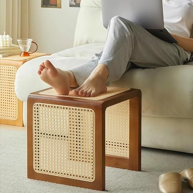 Japanese Style Wood Rattan Stool Side Table Multi-Functional Shoe Bench Night - Image 6