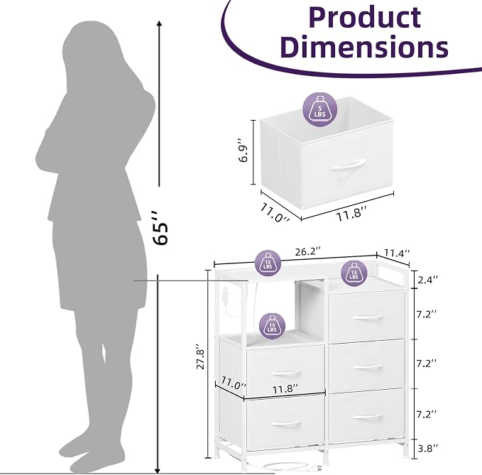 Somdot White Nightstand with Charging Station and LED Light, Wide 5 Drawers - Image 3