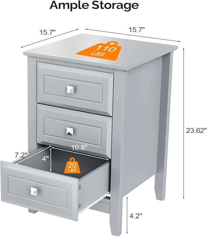 Bonnlo Gray Nightstands Set of 2, 3 Drawer Nightstand, Modern Night Stand - Image 2