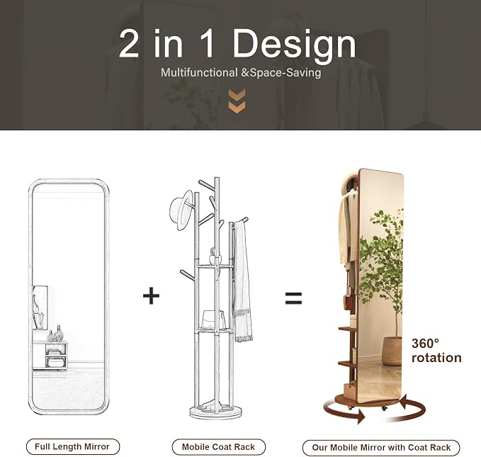 Muwuele Solid Wood Full Length Mirror Coat Rack, Floor Mirror - Image 3