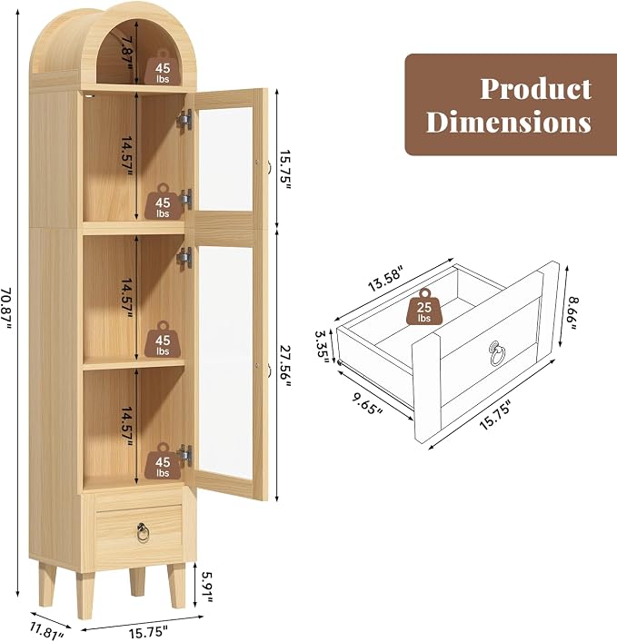71" Tall Arched Cabinet with Acrylic Door, Modern Curio Arched Bookcase W/Drawer - Image 2
