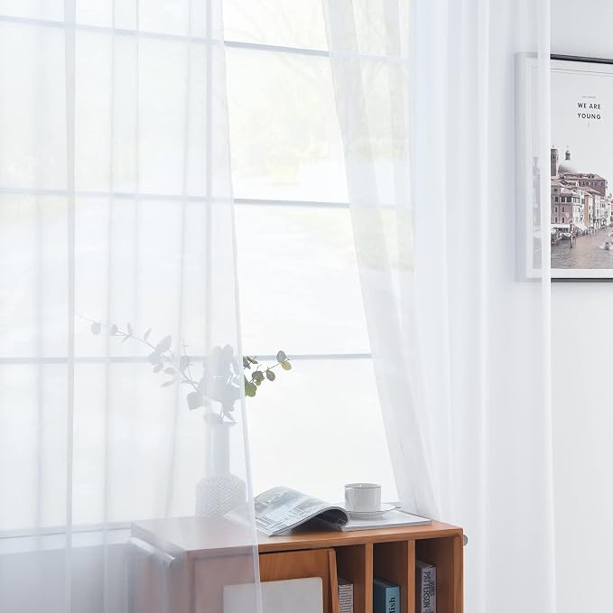 youleyar Solid Sheer Rod Pocket Curtain Voile Draperies 2 Panels White Beige - Image 2