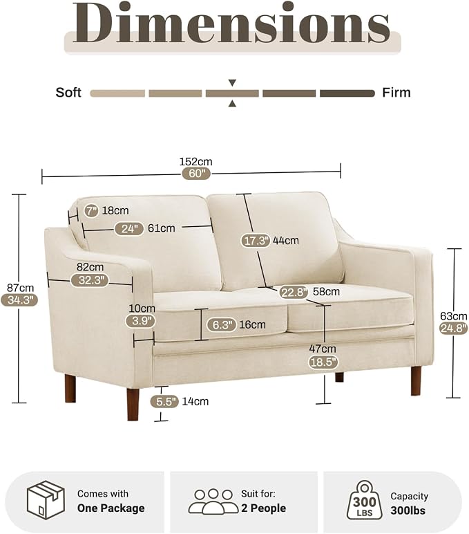 Kingfun 56" Chenille Sofa, Loveseat Couch, Mid Century Modern Love Seat Couches - Image 2