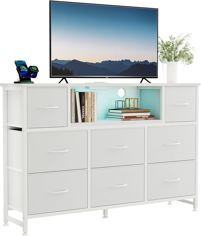 DUMOS TV Stand Dresser with 8 Fabric Drawers and Open Shelves, LED by DumosLifestyle