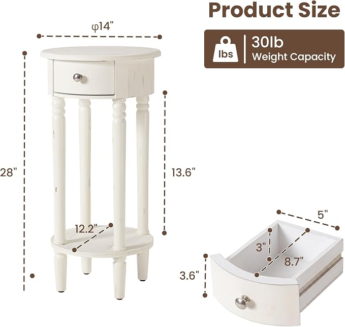 HOMPUS Round End Table with Drawer Set of 2, Rustic Framhouse Nightstand Set 2 - Image 3