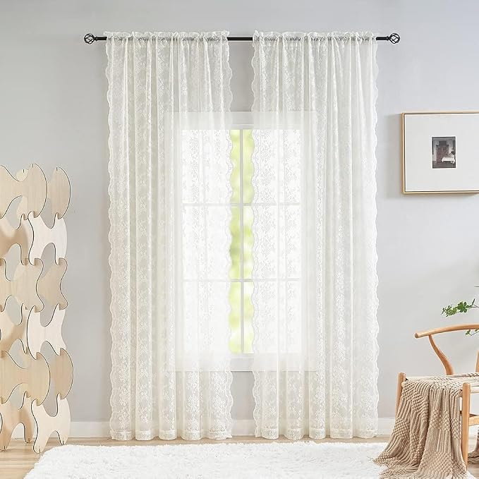 YJ YANJUN Vintage Lace Curtains Cottage Floral Cream Sheer 94 inch Curtains 2 - Image 3