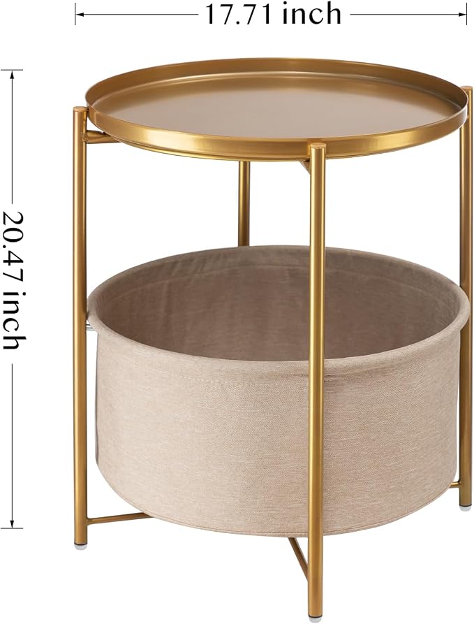 danpinera Gold Side Table with Fabric Storage Basket, Metal Round Side Small - Image 3