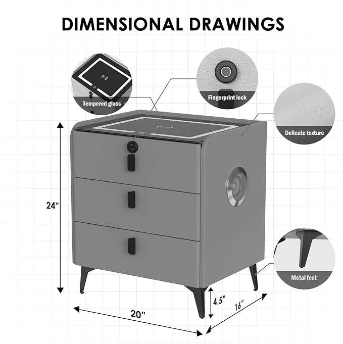 Smart Nightstand with Fingerprint Lock Drawer, Nightstand with Wireless Charging - Image 2