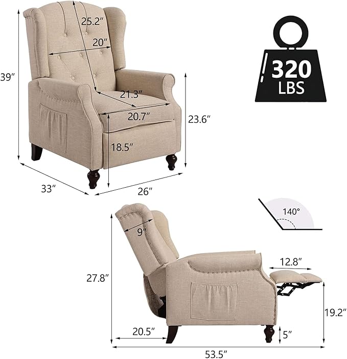 Wingback Chair with Massage and Heat, Tufted Fabric Pushback Recliner Chair - Image 2