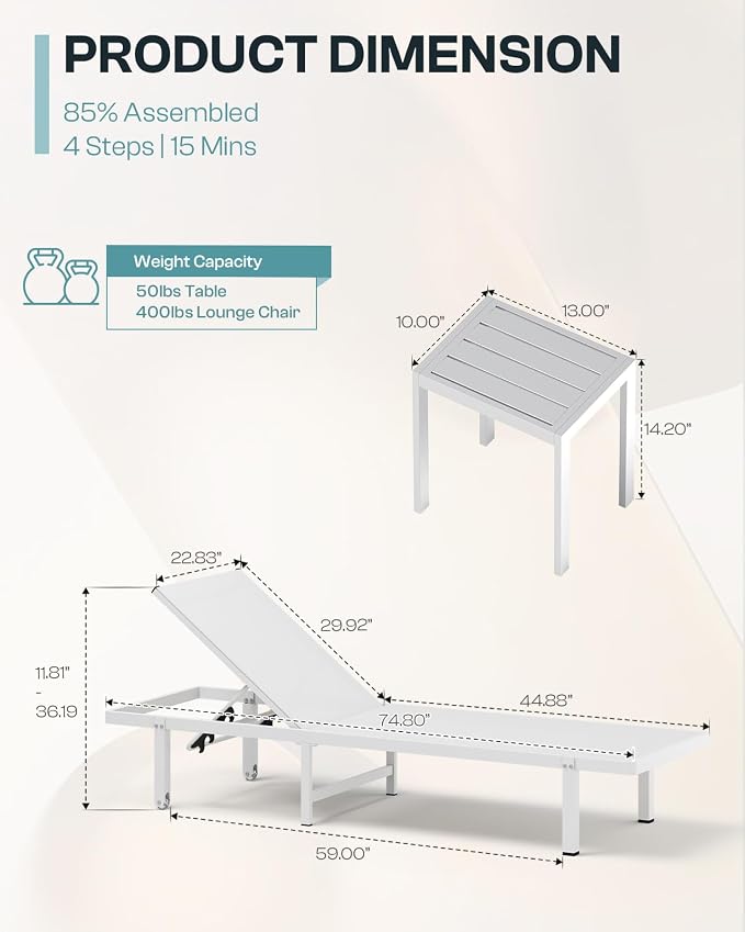 Pool Lounge Chairs Set of 2, Aluminum Outdoor Lounge Chairs - Image 2