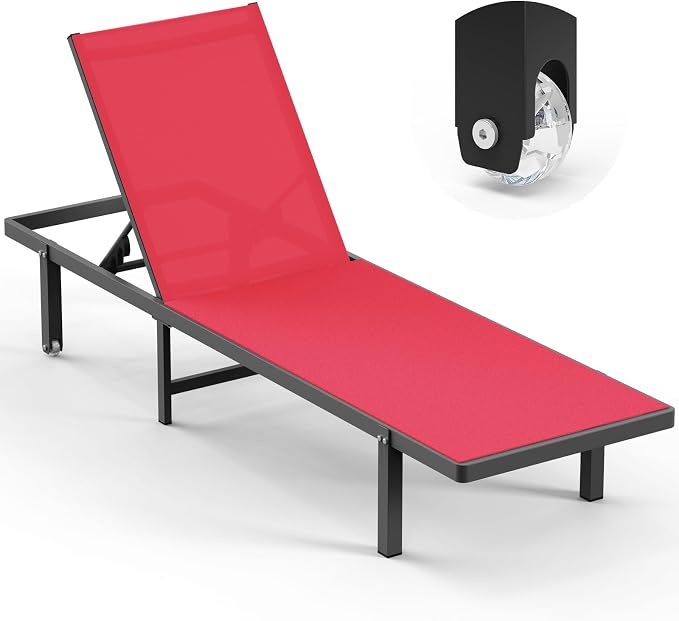 Lounge Chair Outdoor with Wheels, Aluminum Patio Chaise Lounge Chair with 5 by Oasbira
