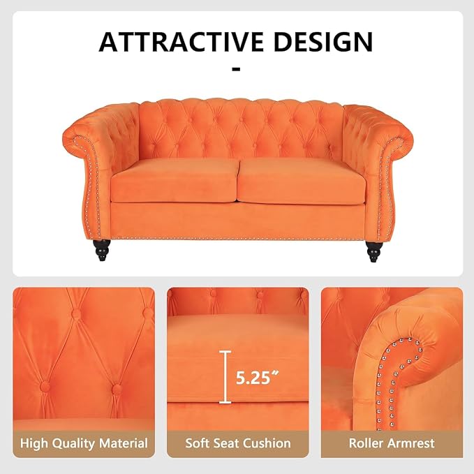 Mid-Century 2 Seater Sofa, Velvet Loveseat - Image 5