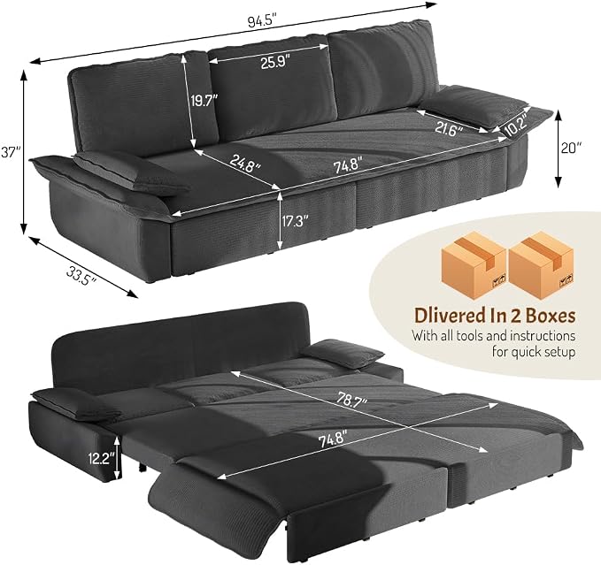 KEIKI 94.5" King 3-in-1 Sleeper Sofa, Oversized Pull-Out Couch - Image 2