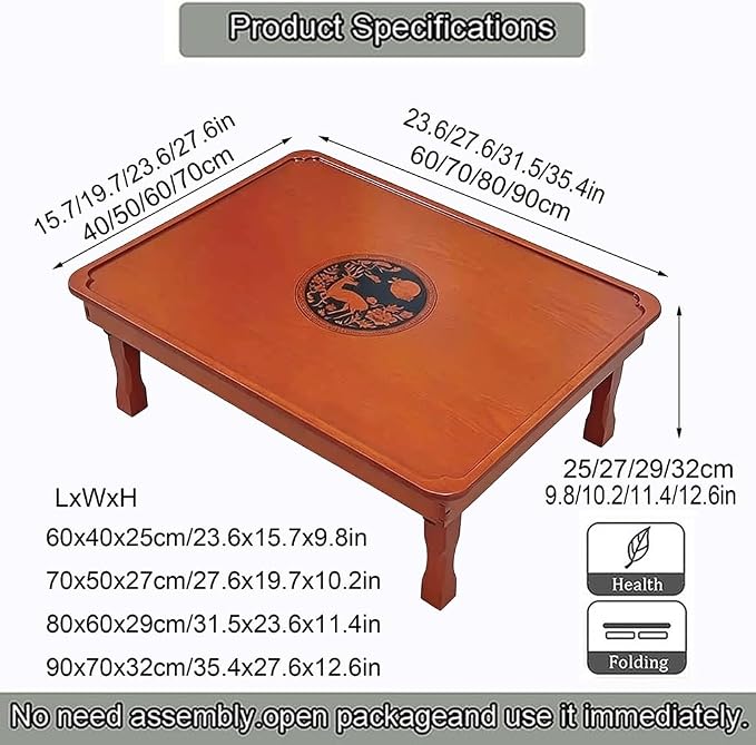 Folding Coffee Table, Japanese-Style Square Low Wood Table, - Image 2
