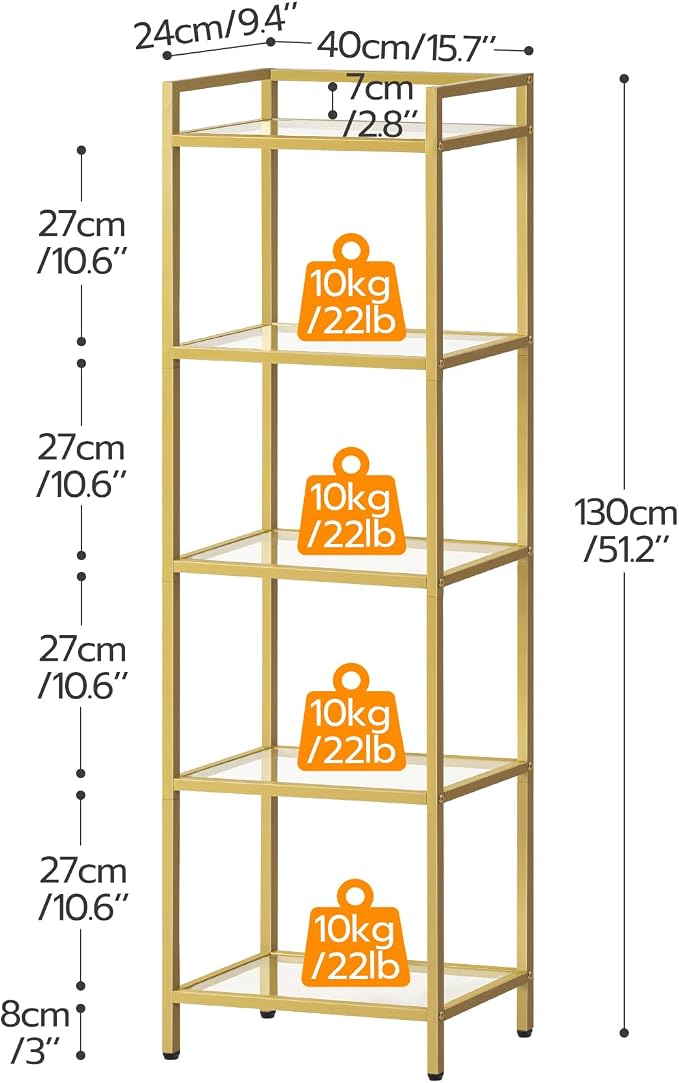 HOOBRO 5-Tier Gold Shelf, Narrow Book Shelf, Display Cabinet - Image 3