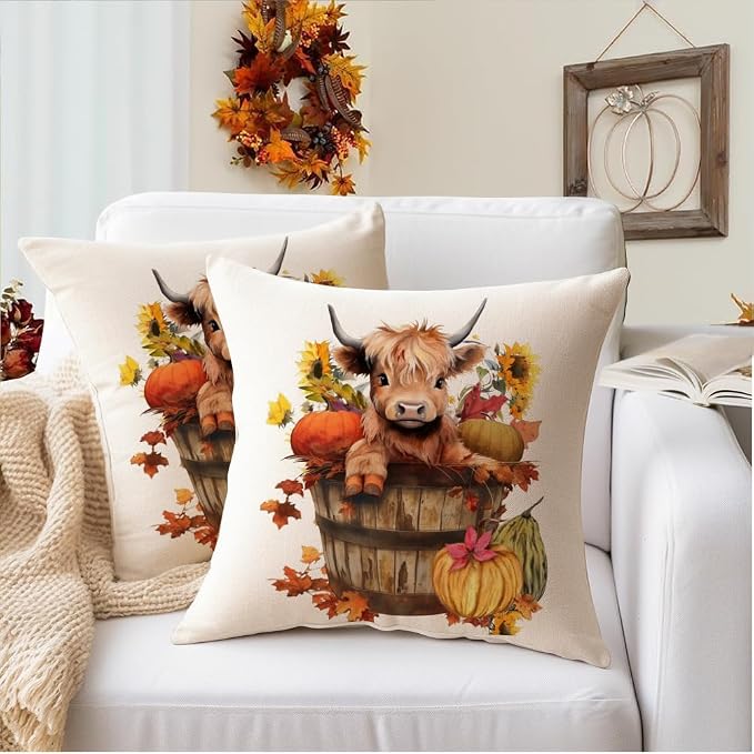 RABUSOFA Fall Decor Pillow Covers 18x18 Inch Highland Cow Autumn Decorations - Image 3