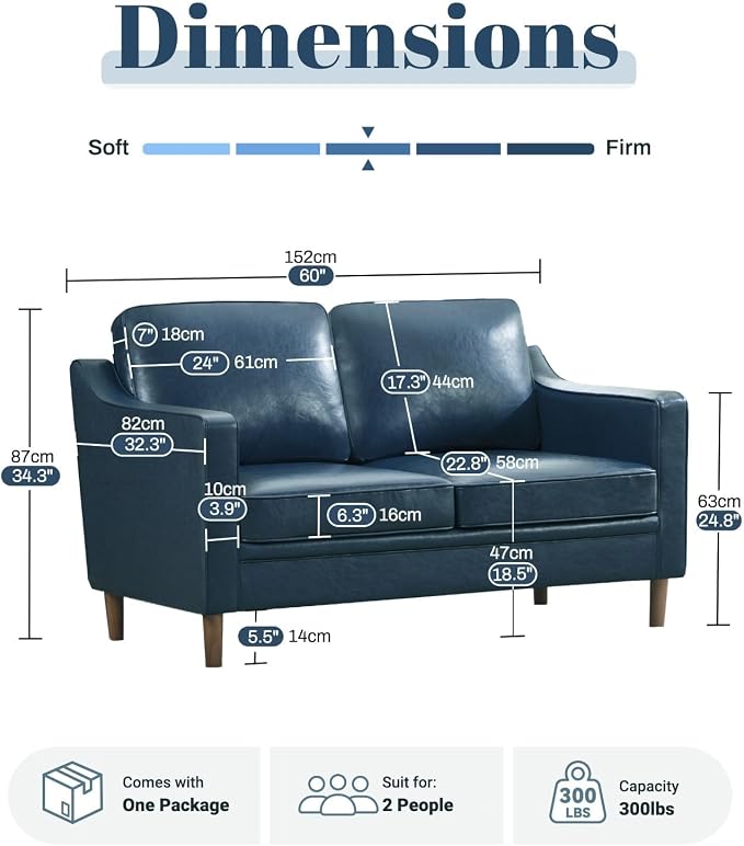 Kingfun 56" Faux Leather Sofa, Loveseat Couch, Mid Century Modern Love Seat - Image 2