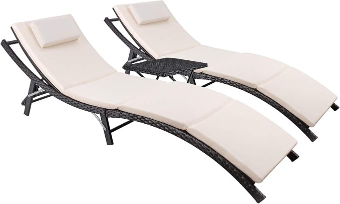 Devoko Patio Chaise Lounge Sets Outdoor Rattan Adjustable Back 3 Pieces by DEVOKO