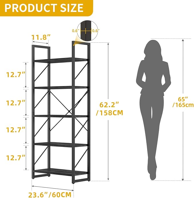 DWVO 5 Tier Bookshelf, Industrial Bookshelves Open Shelf Bookcase, Storage - Image 2