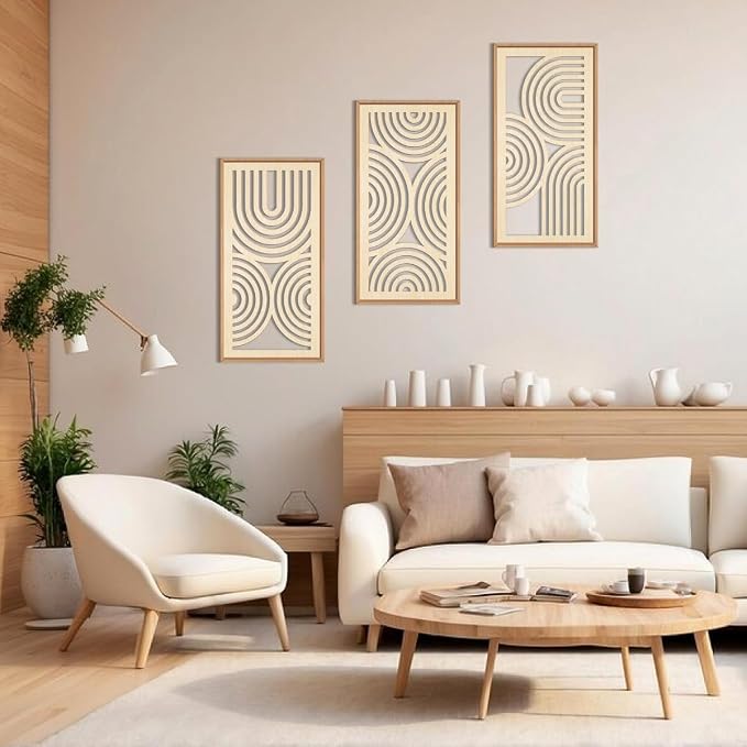 IARTTOP Boho Wooden Framed Wall Art Set of 3 Mid-century Modern Wood Wall Decor - Image 3